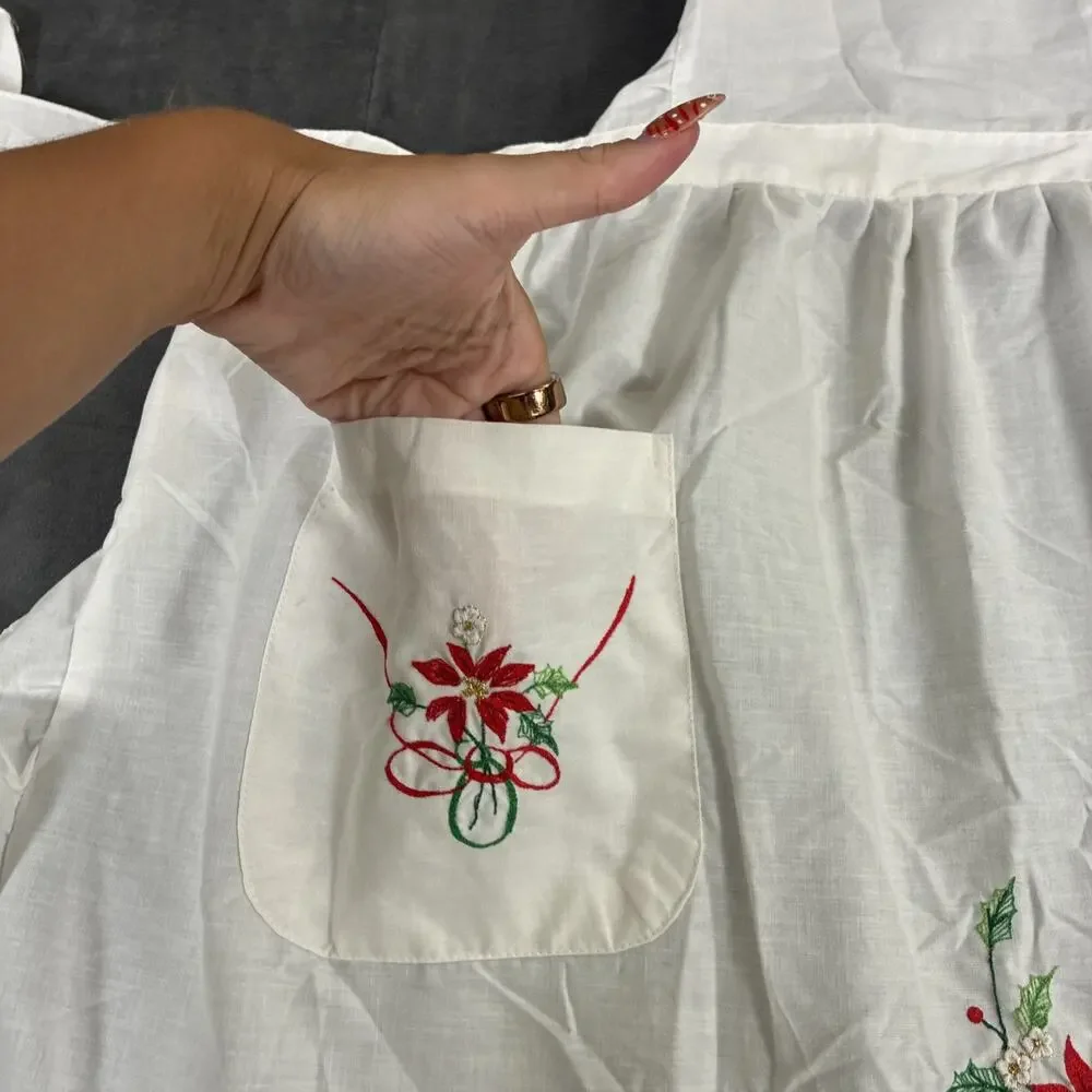 Vintage Lot of 2 Christmas Aprons, 1 Half, 1 Full Embroidered White & Red Chrty